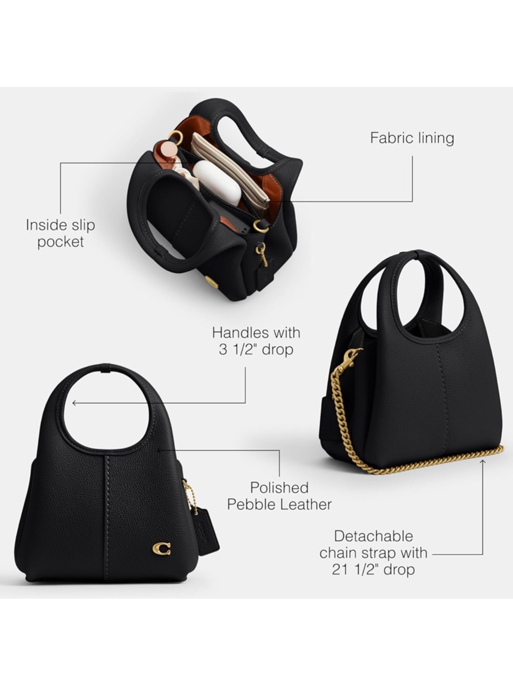 New Coach Black Pebbled Leather Lana 19 Mini Handbag with Gold Accent - Picture 4 of 11